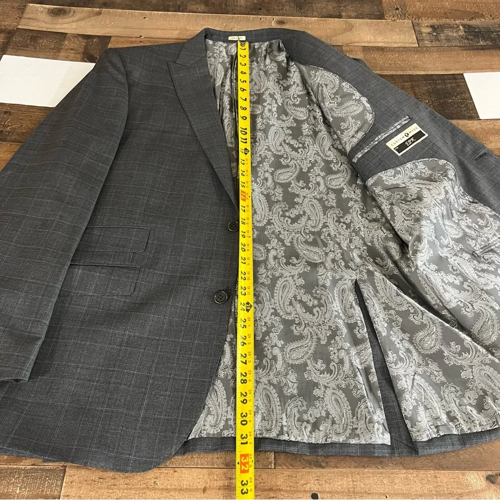Joseph Abboud Suit Mens 45L Flat Front Pants‎ 35x31 Wool Grey Peak Lapel Plaid